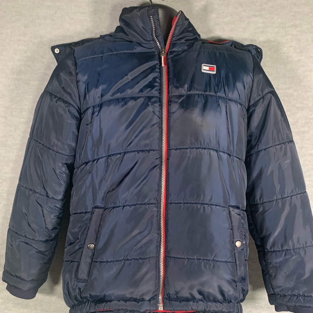 Tommy Hilfiger Boys Blue Hooded Flag Puffer Jacket Size Large 14/16 RN 30323